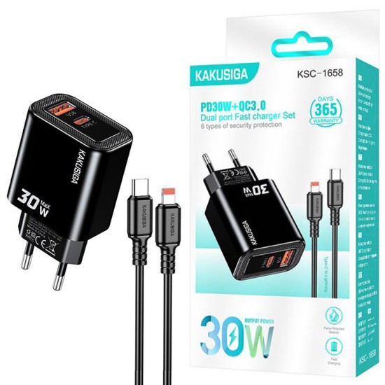 Incarcator Retea Kakusiga KSC-1658, PD30W, QC3.0, 2x USB, Cablu Lightning 1m, Fast Charge, Negru